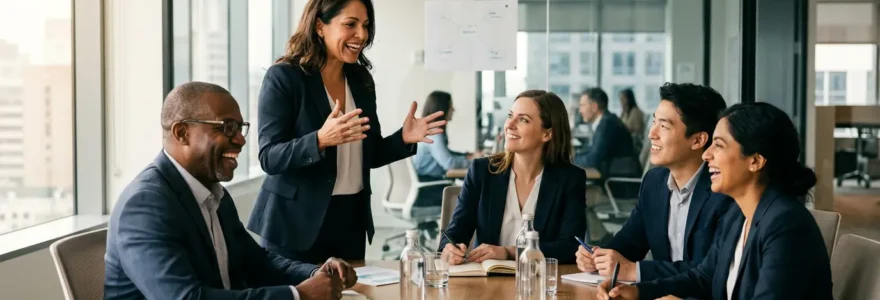 Professionnels en formation collaborative dans un environnement de travail moderne