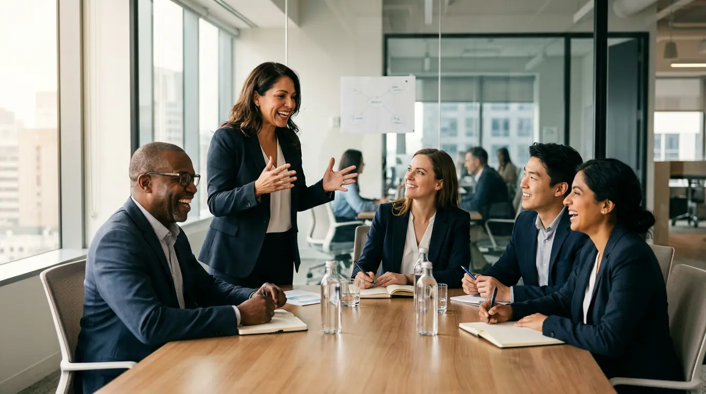 Professionnels en formation collaborative dans un environnement de travail moderne