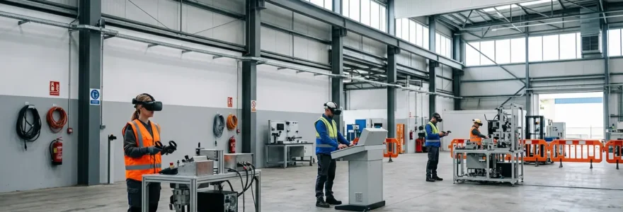 Professionnels en formation avec casques VR dans un environnement industriel sécurisé