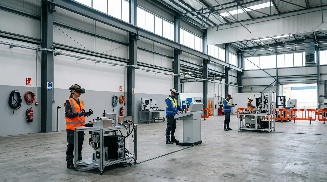 Professionnels en formation avec casques VR dans un environnement industriel sécurisé