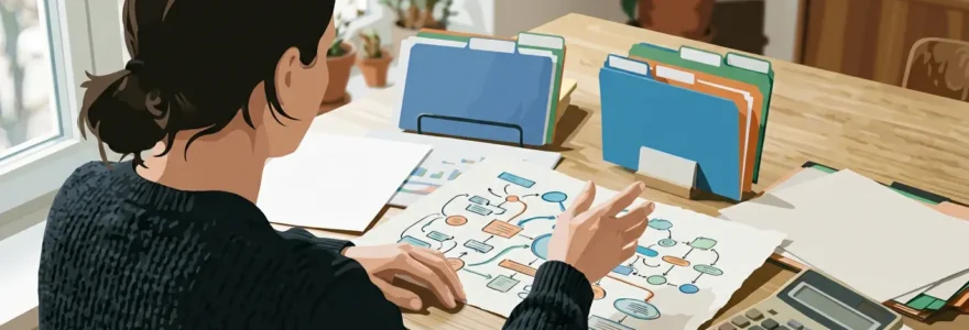 Freelance analysant des options de formation sur plusieurs écrans avec documents financiers