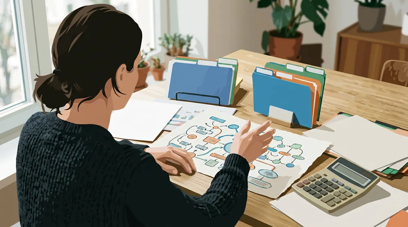 Freelance analysant des options de formation sur plusieurs écrans avec documents financiers