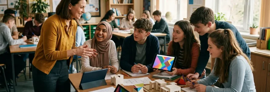Salle de classe moderne avec élèves et enseignant utilisant l'IA de manière collaborative