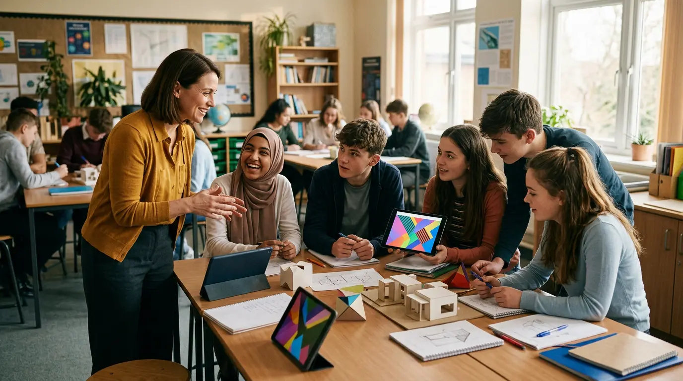 Salle de classe moderne avec élèves et enseignant utilisant l'IA de manière collaborative
