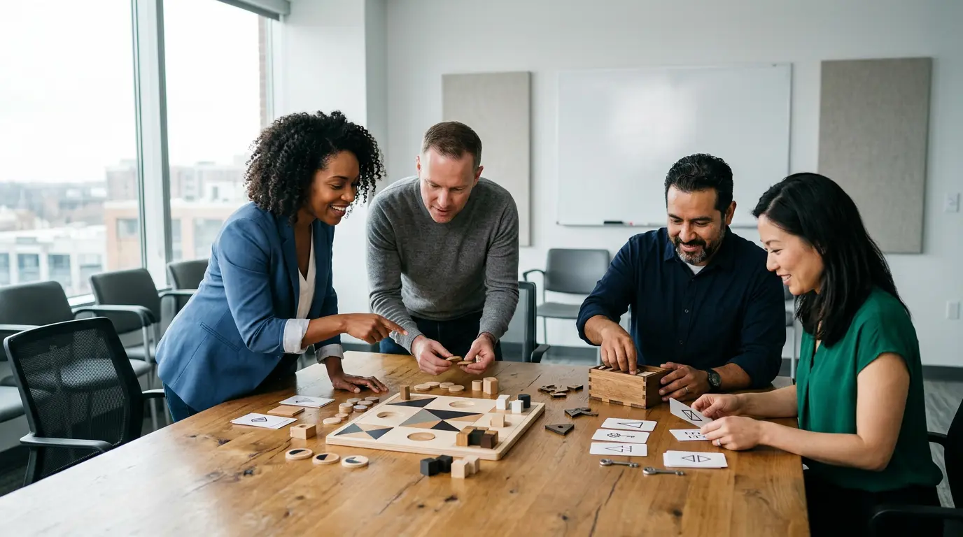 Adultes professionnels en formation collaborant autour d'un jeu de plateau et matériel d'escape game dans un environnement moderne