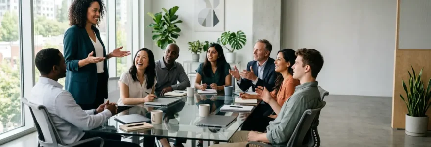 Leader transformationnel guidant une équipe multigénérationnelle dans un environnement de travail moderne