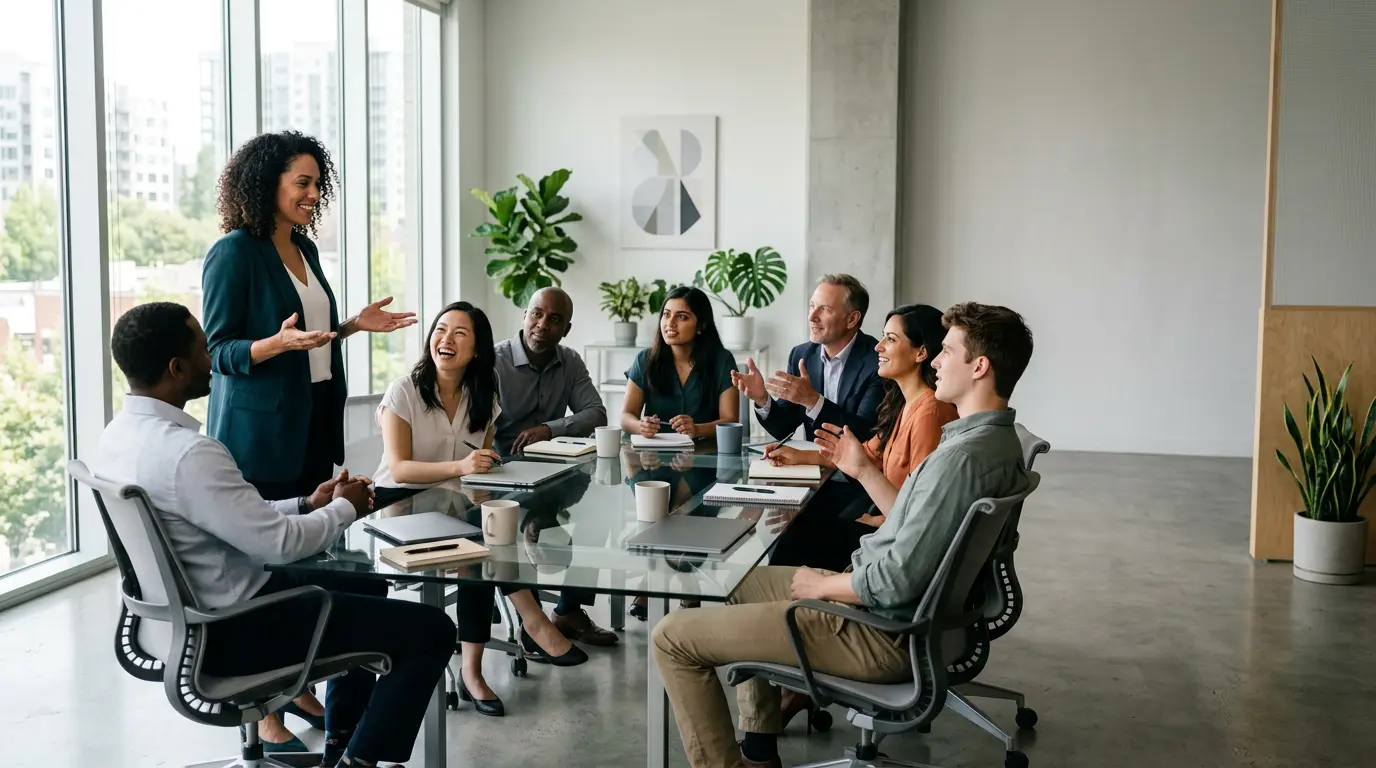 Leader transformationnel guidant une équipe multigénérationnelle dans un environnement de travail moderne