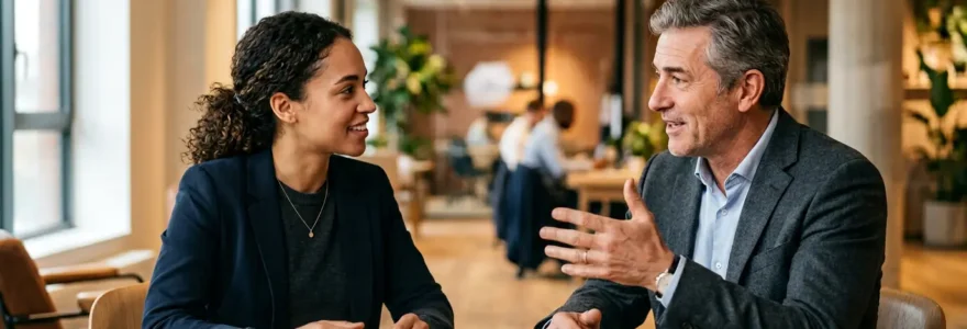 Deux professionnels échangeant dans un espace de travail moderne, l'un prenant des notes pendant que l'autre partage son expérience