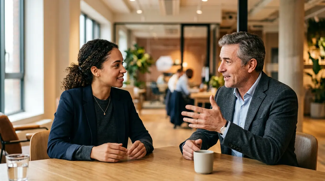 Deux professionnels échangeant dans un espace de travail moderne, l'un prenant des notes pendant que l'autre partage son expérience