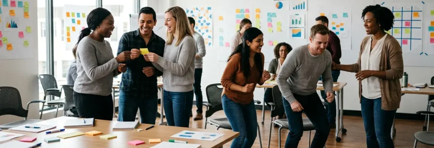 Un formateur guide des participants dans une activité collaborative avec des outils de facilitation visuelle