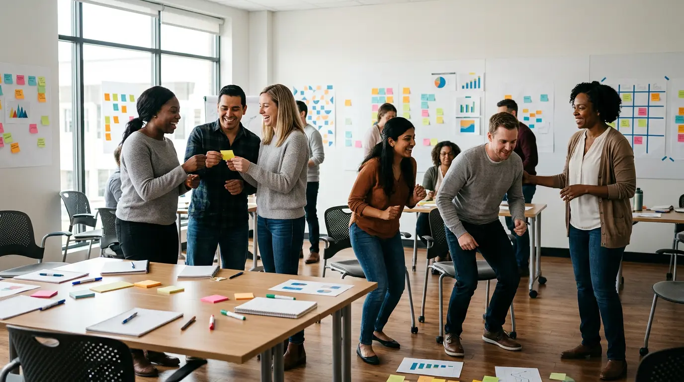 Un formateur guide des participants dans une activité collaborative avec des outils de facilitation visuelle