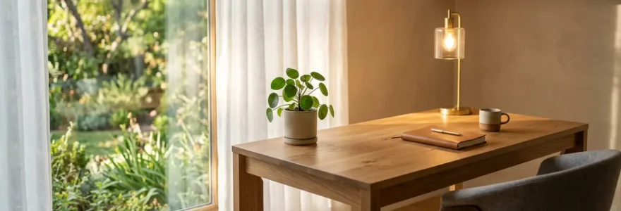 Espace de travail à domicile baigné de lumière naturelle avec vue sur un jardin verdoyant