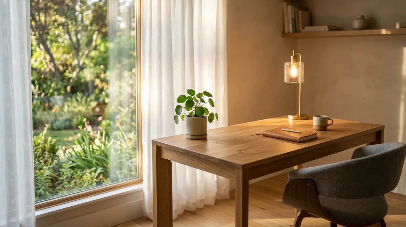 Espace de travail à domicile baigné de lumière naturelle avec vue sur un jardin verdoyant
