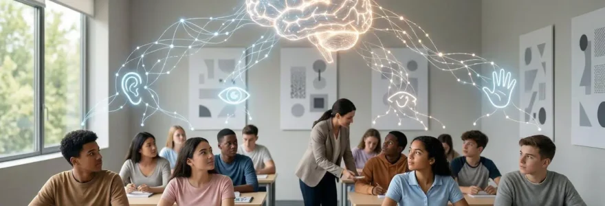 Classe moderne avec représentation métaphorique des neuromythes en éducation