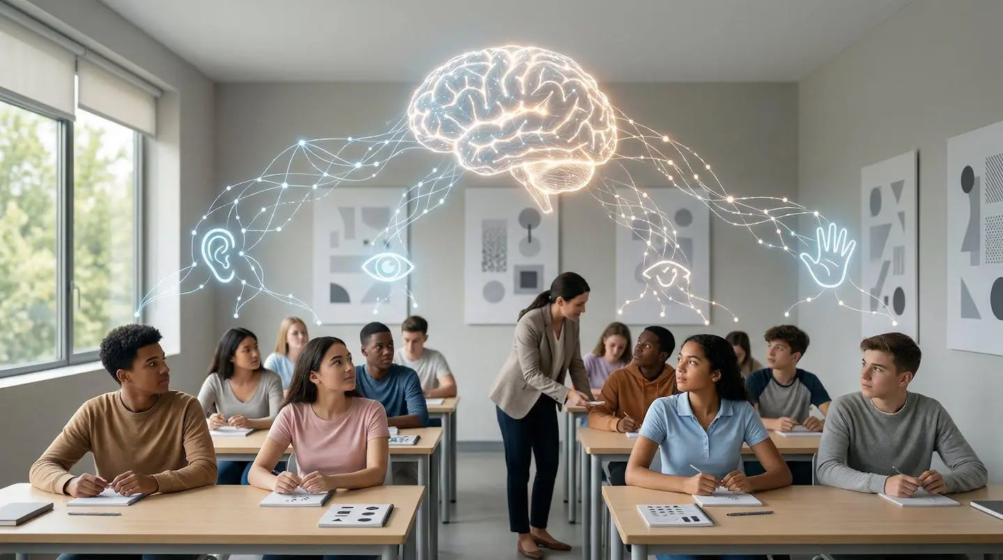 Classe moderne avec représentation métaphorique des neuromythes en éducation