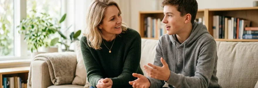 Parent et adolescent en discussion calme dans un espace domestique lumineux