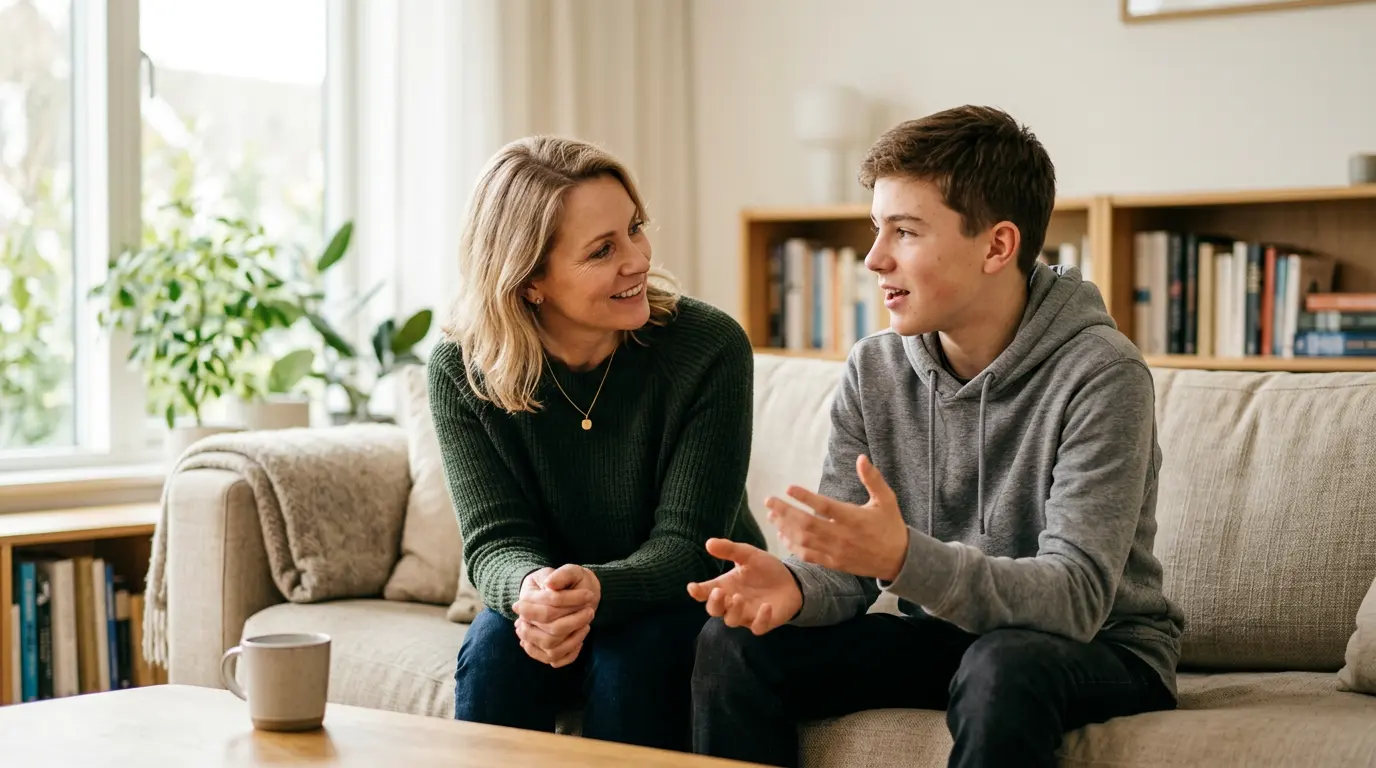 Parent et adolescent en discussion calme dans un espace domestique lumineux