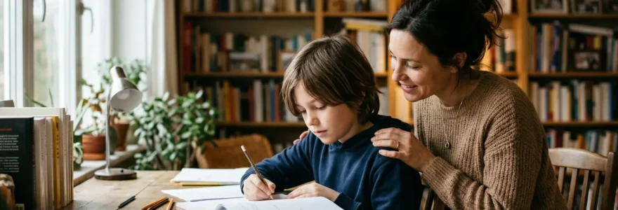Parent et enfant en discussion bienveillante autour d'un bureau avec des cahiers scolaires