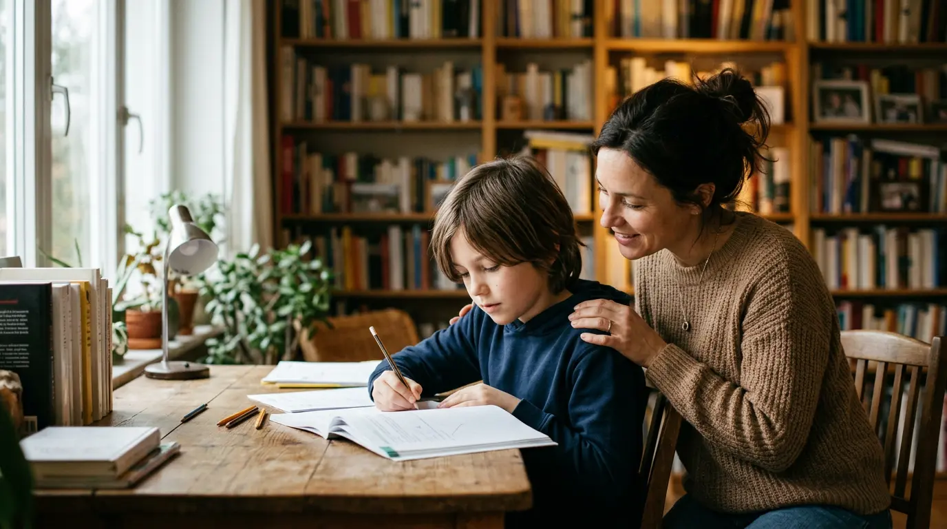 Parent et enfant en discussion bienveillante autour d'un bureau avec des cahiers scolaires