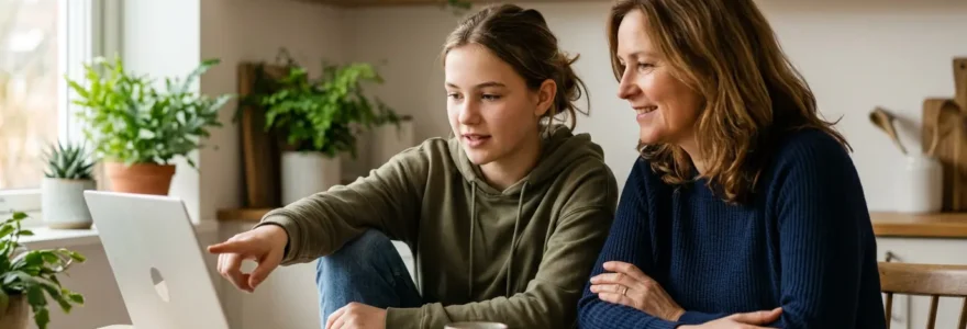 Parent et adolescent devant un ordinateur portable dans un environnement domestique chaleureux, échangeant dans une atmosphère de confiance