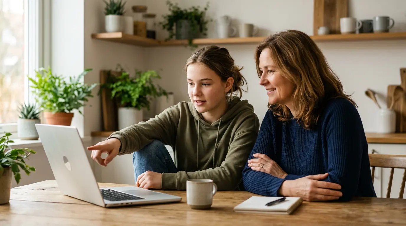 Parent et adolescent devant un ordinateur portable dans un environnement domestique chaleureux, échangeant dans une atmosphère de confiance