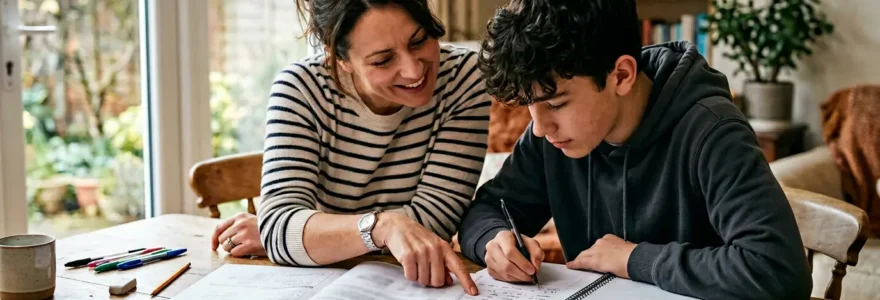 Parent et lycéen étudiant ensemble des documents scolaires sur une table avec calculatrice et cahiers