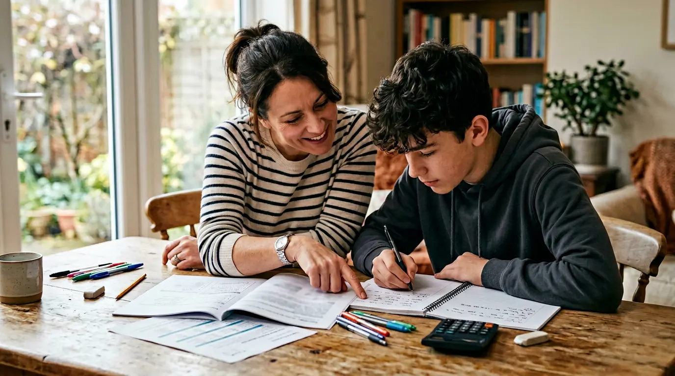Parent et lycéen étudiant ensemble des documents scolaires sur une table avec calculatrice et cahiers