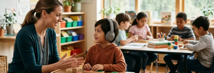 Enseignante et élève en situation de handicap travaillant ensemble dans une classe inclusive avec d'autres élèves en arrière-plan