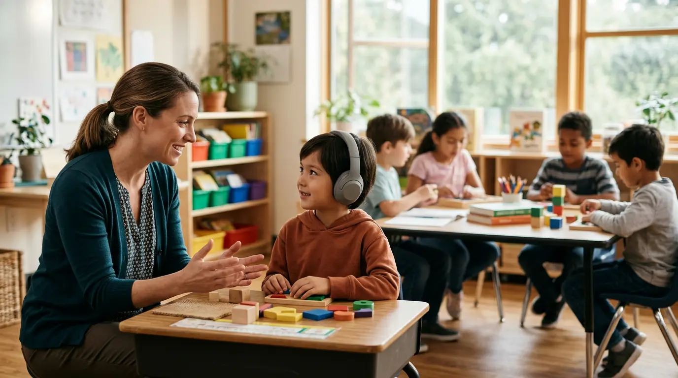 Enseignante et élève en situation de handicap travaillant ensemble dans une classe inclusive avec d'autres élèves en arrière-plan