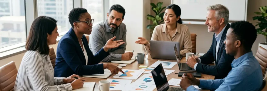 Professionnels en réunion stratégique autour d'une table moderne avec documents et graphiques