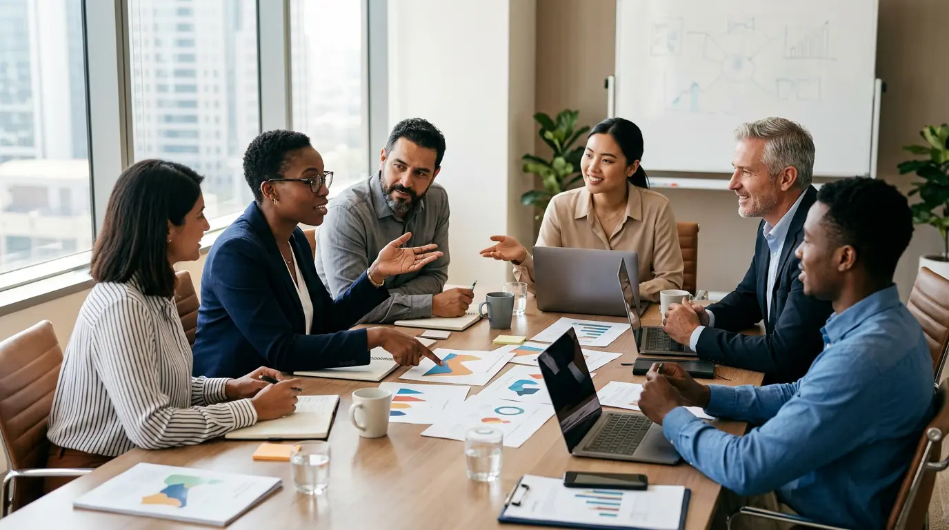 Professionnels en réunion stratégique autour d'une table moderne avec documents et graphiques