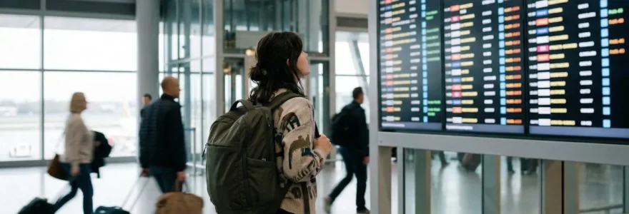 Étudiante avec sac à dos contemplant un tableau de départs dans un hall d'aéroport moderne
