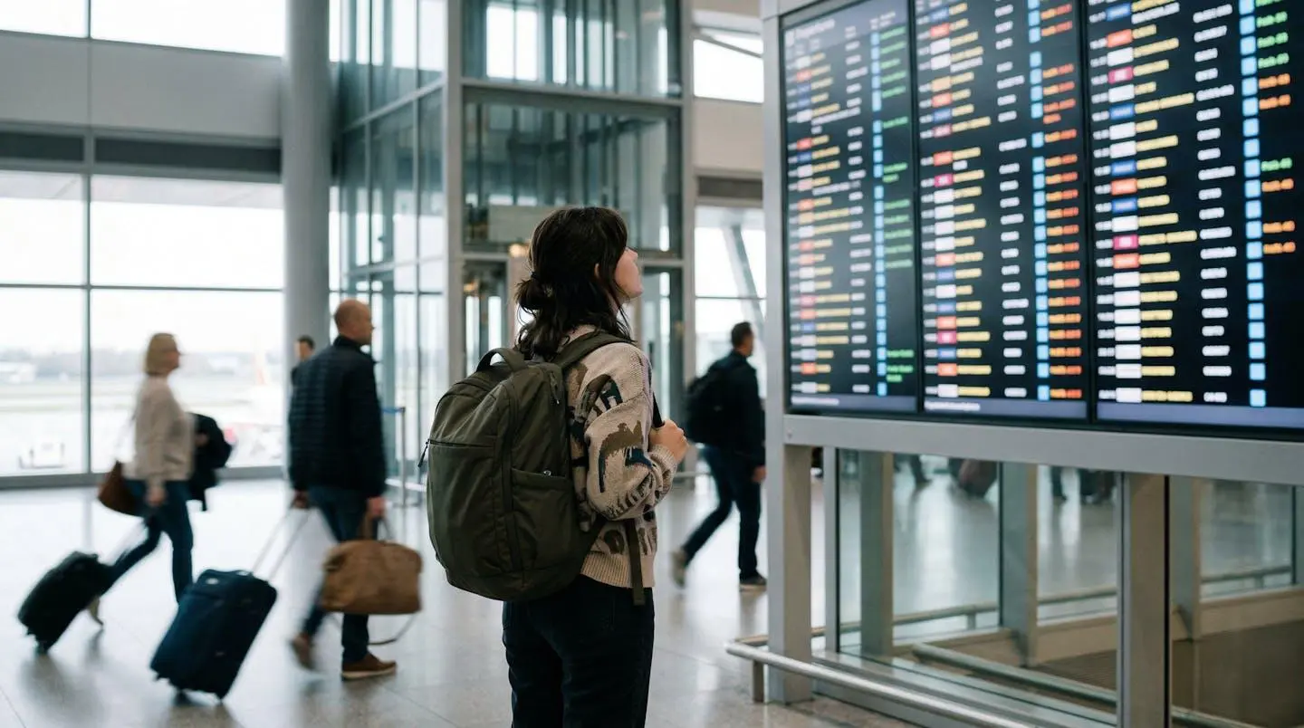 Étudiante avec sac à dos contemplant un tableau de départs dans un hall d'aéroport moderne