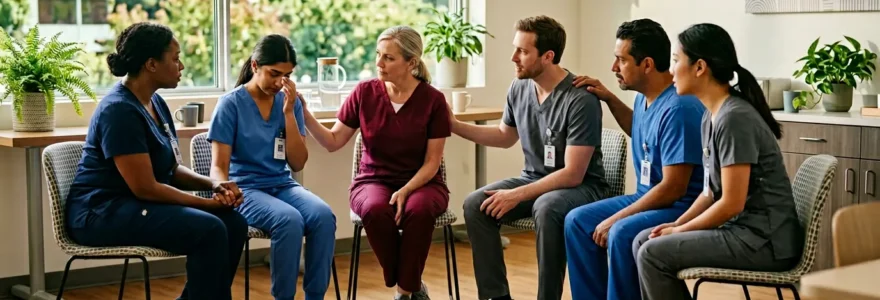 Équipe de soignants en cercle de discussion bienveillant dans un espace lumineux