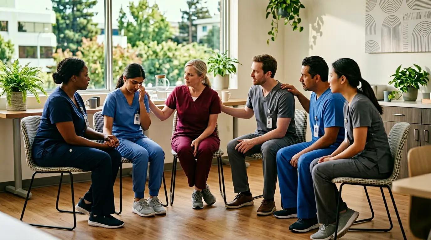 Équipe de soignants en cercle de discussion bienveillant dans un espace lumineux