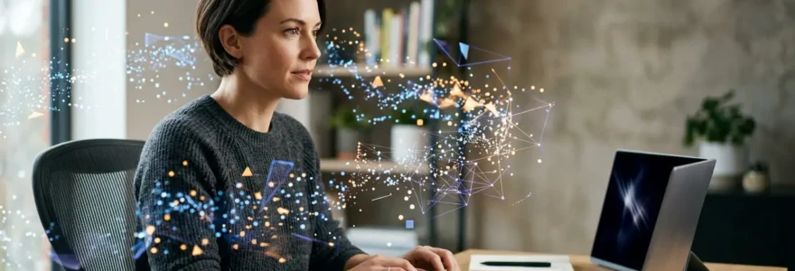 Personne en reconversion professionnelle travaillant sur des analyses de données avec ordinateur portable et tableaux statistiques