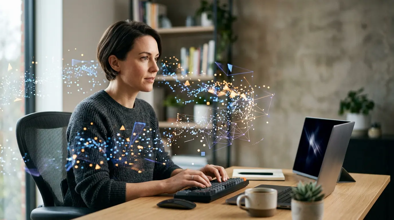 Personne en reconversion professionnelle travaillant sur des analyses de données avec ordinateur portable et tableaux statistiques