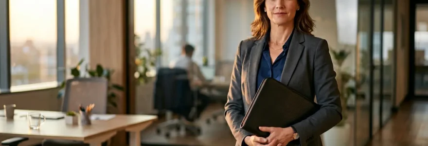 Personne confiante en costume tenant un dossier dans un environnement de bureau moderne