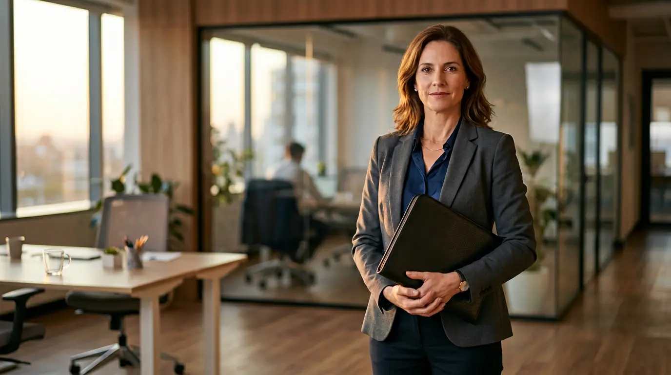 Personne confiante en costume tenant un dossier dans un environnement de bureau moderne