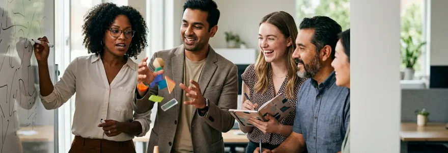 Équipe de concepteurs pédagogiques travaillant autour d'une table avec des éléments visuels interactifs