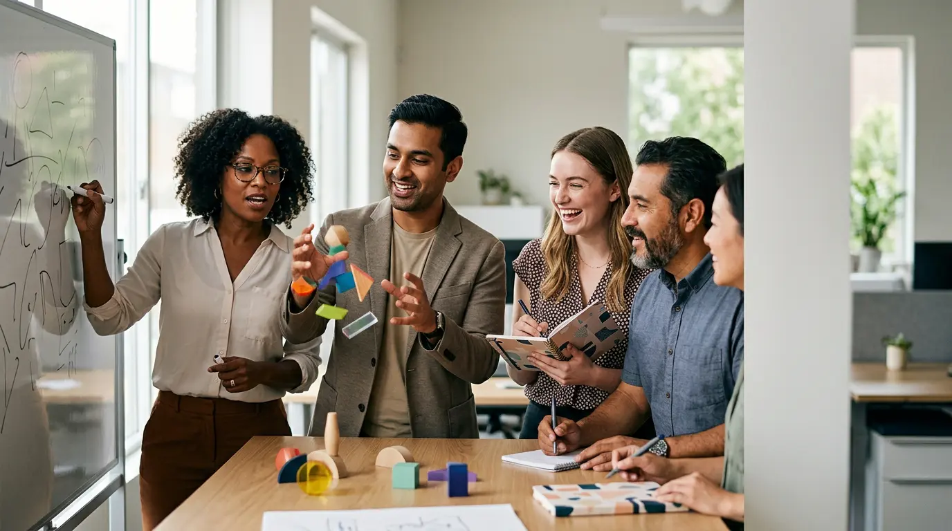 Équipe de concepteurs pédagogiques travaillant autour d'une table avec des éléments visuels interactifs