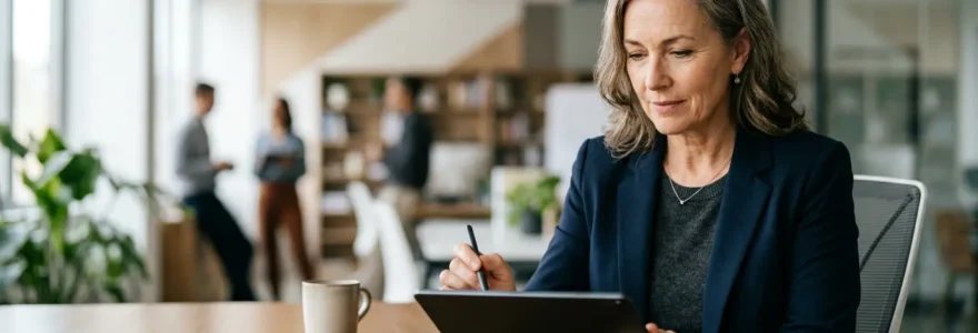 Portrait d'une professionnelle senior utilisant une tablette dans un environnement de travail moderne