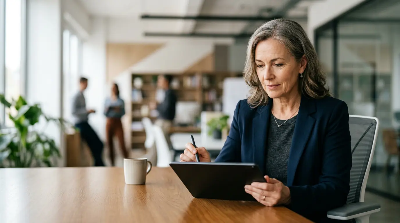 Portrait d'une professionnelle senior utilisant une tablette dans un environnement de travail moderne