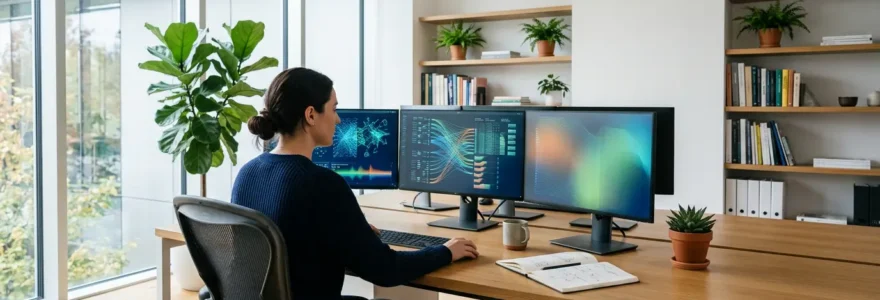 Un espace de travail moderne avec plusieurs écrans affichant des flux d'information organisés et un professionnel concentré gérant sa veille pédagogique