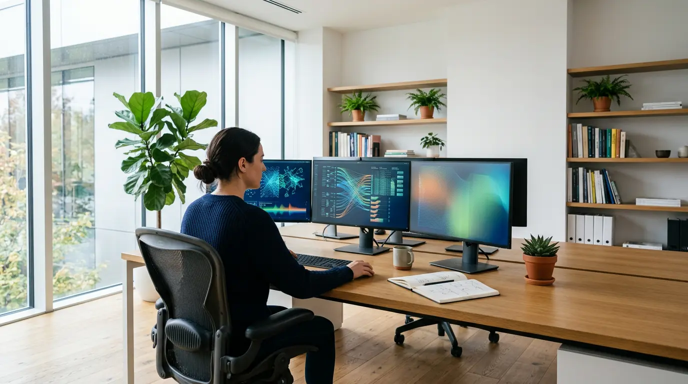 Un espace de travail moderne avec plusieurs écrans affichant des flux d'information organisés et un professionnel concentré gérant sa veille pédagogique