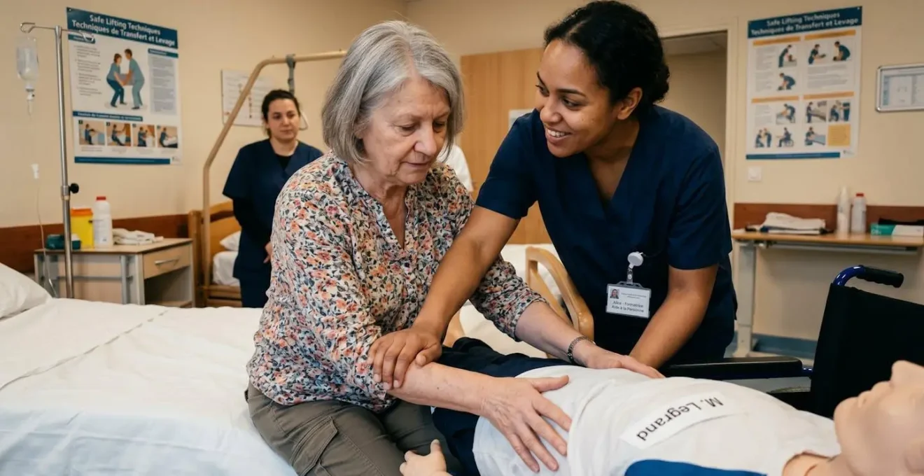 Formation pratique d'un aidant familial aux gestes techniques avec formateur bienveillant