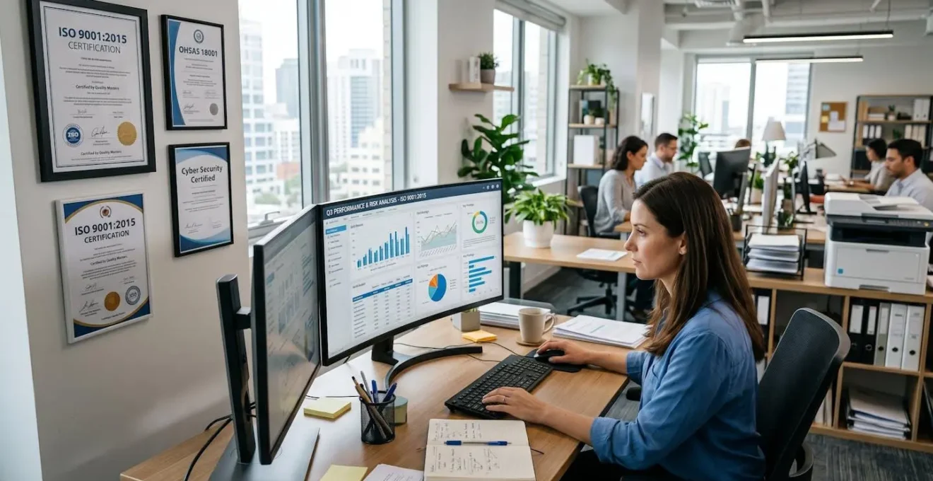 Vue d'ensemble d'un bureau avec documents de certification et ordinateur montrant une analyse