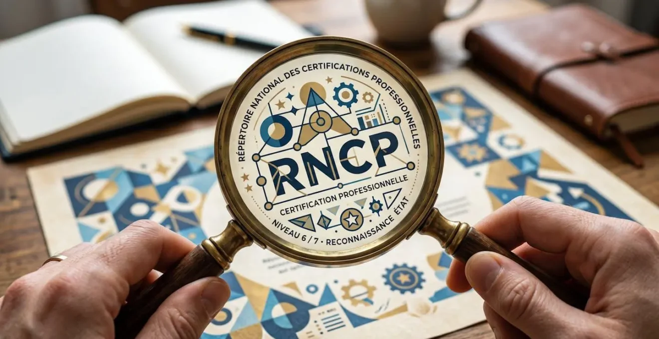 Vue macro d'une loupe analysant des formes géométriques abstraites représentant une fiche RNCP