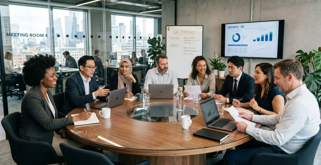 Groupe diversifié de professionnels en réunion autour d'une table ronde moderne