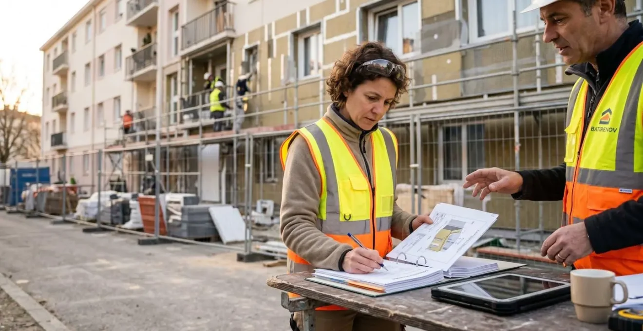 Auditeur RGE vérifiant les documents techniques sur un chantier de rénovation énergétique